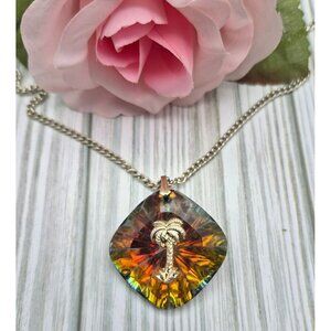 Vintage Germany Signed Iridescent Pendant Necklace with Gold Palm Tree 24" MINT